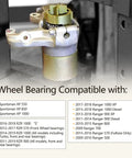 Wheel bearing press tool kit mounted on a shop press; silver body with brass top for front/rear bearing installation.