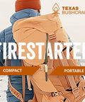 Bushcraft Fire Starter With Three Eighths Inch Ferro Rod Striker And Paracord Wrist Lanyard Waterproof Flint Fire Steel Survival Lighter for Camping Hiking And Backpacking Gear With 5000 Degree Sparks shown on a backpack in snowy terrain.