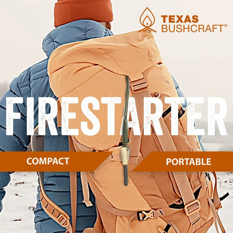 Bushcraft Fire Starter With Three Eighths Inch Ferro Rod Striker And Paracord Wrist Lanyard Waterproof Flint Fire Steel Survival Lighter for Camping Hiking And Backpacking Gear With 5000 Degree Sparks shown on a backpack in snowy terrain.