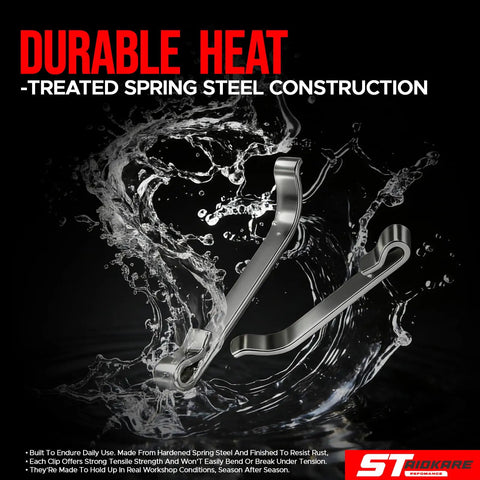 Durable Vintage Toolbox Drawer Retainer Clips For One And Five Eighths Inch Double End Loop Style Replacement Keeper Clips For Old School Tool Chests And Drawers 12 Pack displayed in water splash highlighting spring steel.