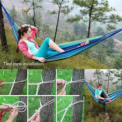 Durable Portable Cotton Hammock For Camping And Outdoor Indoor Use With Hanging Ropes Carrying Bag Blue Large setup guide