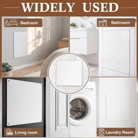 Heavy Duty 4 Pack 17X17 Inch Plastic Drywall Access Panel And Wall Hole Cover No Sweat Setup Real Quick Fix For Ceilings Bathrooms Basements in various rooms.