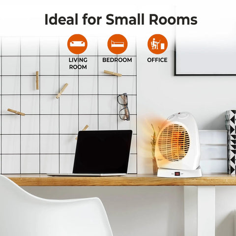 Portable Space Heater With Oscillating Fan And No-Fuss Cooling Mode on desk next to notebook in small office