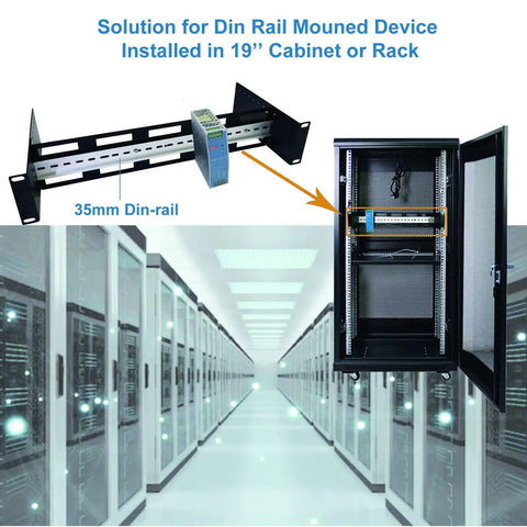 Depth Adjustable 19 Inch Rack Mount Din Rail Rack Ready Chassis With Aluminum Bracket For 35Mm Din Rail Devices Eight Depth Levels From 48Mm To 174Mm Fits Standard 19 Inch Cabinets And Racks image showing installation in server room.