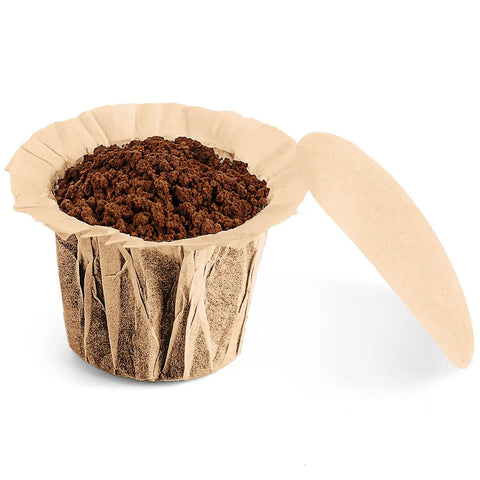 Unbleached K Cup Disposable Paper Filters With Lid For Reusable K Cup Pods, showing eco-friendly filter filled with coffee grounds