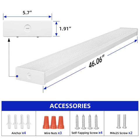 4 Foot LED Wraparound Light 40W 4400Lm 4000K Neutral White Flush Mount Ceiling Fixture with dimensions and accessories
