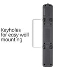 Back view of 7-Outlet Surge Protector Go-To Power Hub With 2 USB Ports, 3ft Cord, 1300 Joules, showing black keyholes for wall mounting.