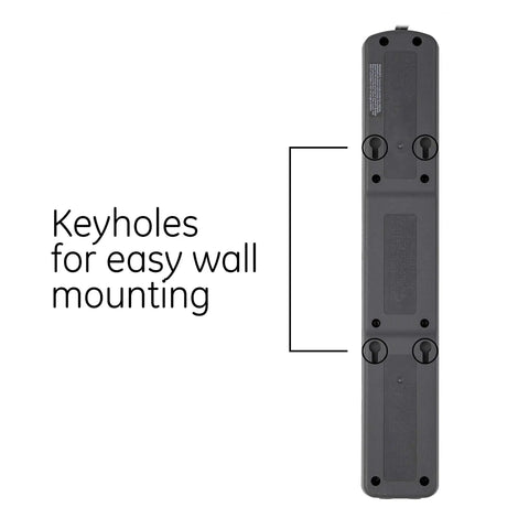 Back view of 7-Outlet Surge Protector Go-To Power Hub With 2 USB Ports, 3ft Cord, 1300 Joules, showing black keyholes for wall mounting.
