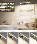 Brushed Gold Battery Operated Picture Light 16 Inch With Dimmable CCT above bed in dimming stages, living room setup