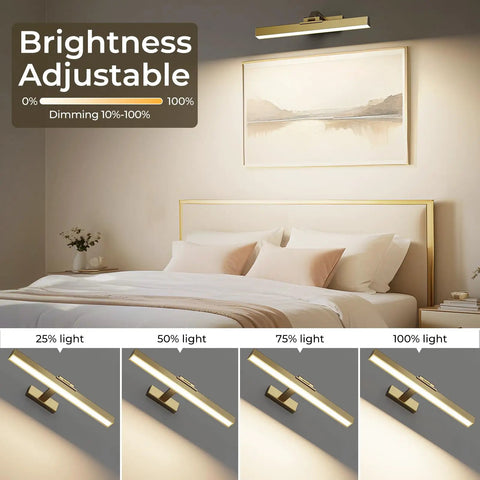 Brushed Gold Battery Operated Picture Light 16 Inch With Dimmable CCT above bed in dimming stages, living room setup