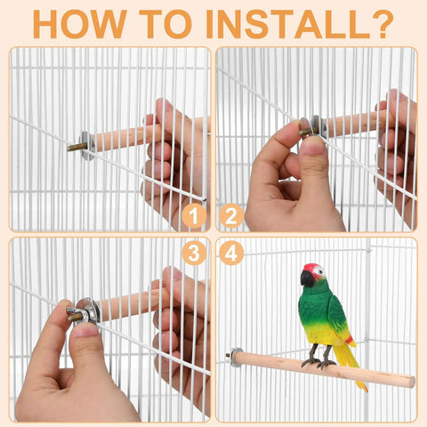 Premium Natural Wood Bird Perch Stand Set For Parakeets And Cockatiels, Five Piece Assorted Rods installation steps with a bird