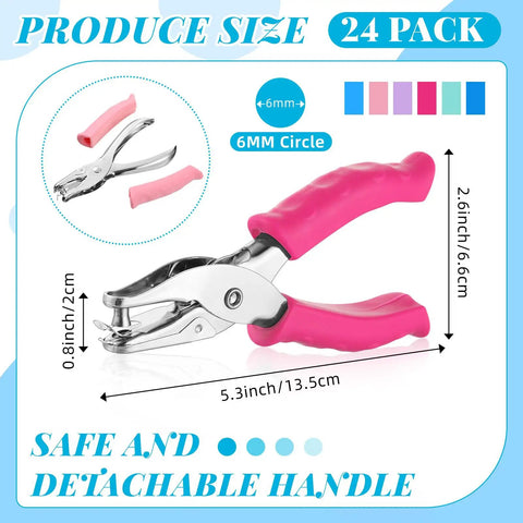 24 Pack Single Hole Punches Handheld One Quarter Inch Metal Paper Puncher with Soft Grip Handles for DIY Crafts, pink handle