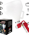 1.5 Gallon Air Hopper Texture Drywall Sprayer Featuring Three Precision Nozzles For Stucco Paint Popcorn Ceiling And Knockdown Finishes That Powers Through Walls No Sweat with red finish and multiple nozzles.