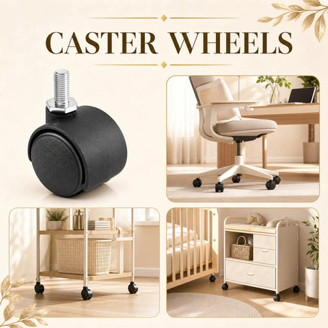 Pack Of Eight Heavy Duty Black Nylon Swivel Caster Wheels Featuring Secure M6 Threaded Stems, suitable for office chairs and carts.