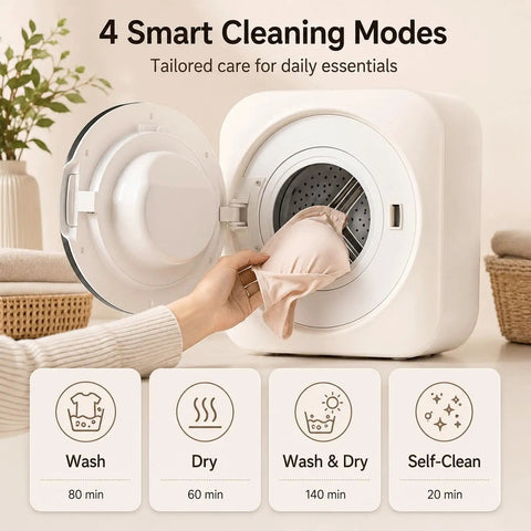 2 In 1 Mini Washer And Dryer Combo Is A Hella Compact Game Changer, showing smart control panel and pink garment loading.