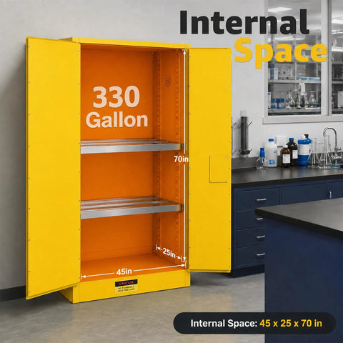 Beefy 330 Gallon Flammable Storage Cabinet With Adjustable Shelves, 75 Inch High By 25 Inch Deep By 50 Inch Wide, in lab