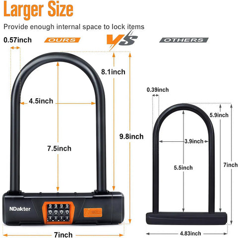Comparison of Heavy Duty Bike U Lock With 4 Digit Resettable Combo showing larger U shape and dimensions next to standard lock.