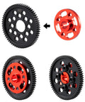 Steel Spur Gear Set 63T 64T 66T 71T Beefed Up High Speed Gear Set For TT02 Series RC Cars with aluminum mount and precision spacers.