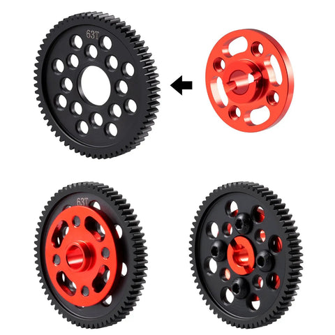 Steel Spur Gear Set 63T 64T 66T 71T Beefed Up High Speed Gear Set For TT02 Series RC Cars with aluminum mount and precision spacers.