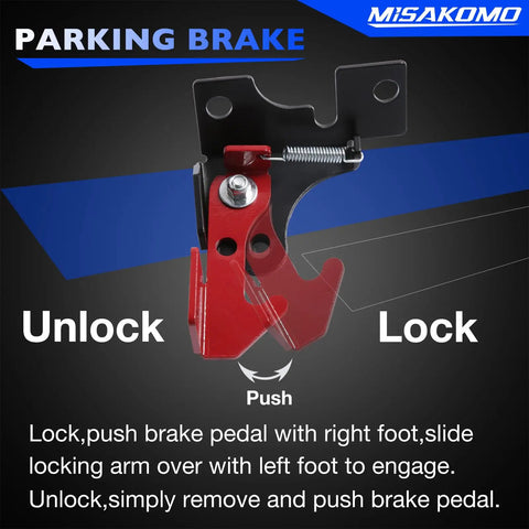 Heavy Duty Spring Parking Brake Kit For Polaris RZR And Ranger UTVs shown in locked and unlocked positions with instructions.