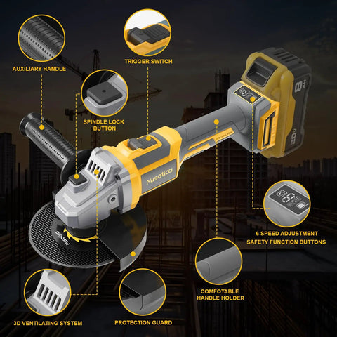 Heavy Duty Cordless Angle Grinder Compatible With Twenty Volt Batteries For Kickass Metal Cutting Grinding And Polishing Smart Ergonomic Grip With Rapid Swap Tech To Crush Daily Worksites And Diy Renovations Smooth showing features like a trigger switch and auxiliary handle.