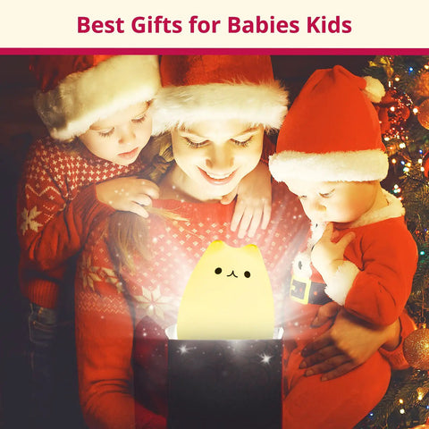 Super Cute Cat Lamp Night Light For Kids Bedroom And Baby Silicone Kitty Nightlight Tap Control 6 Inch BPA Free Ideal Gift displayed in Christmas setting with children and mom