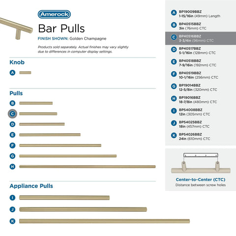 Golden Champagne bar pulls in various sizes on display grid; focus keyword: Bar Pulls Three Quarter Inch Center To Center Golden Champagne Cabinet Pulls For Cabinets And Drawers In A Sleek Modern No Brainer Style With A Cool Gold Tone Six And One Eighth Inch Overall Length And Three Quarter Inch Mounting 10 Pack