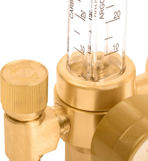 Brass argon welding regulator with vertical glass flow meter and knurled adjustment knob (front view)
