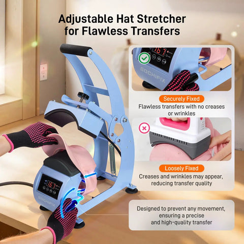 Dope Curved Hat Heat Press Machine With 6.54 By 3.84 Inch Plate showing adjustable hat stretcher in use for flawless transfers