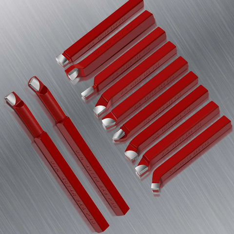 Front view of 11 red carbide-tipped lathe cutter tools with 5/16 in shanks for turning, boring, and chamfering.