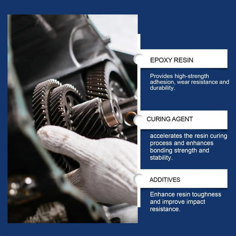 Mechanic applying industrial strength metal bonding epoxy glue for metal and plastic repairs on gears, showcases durability.