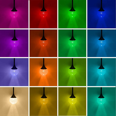 RGB LED Pendant Light With Remote Control showing various color displays, matte black teardrop chandelier with bubble crystal design.