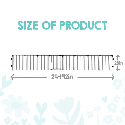 Size illustration of Heavy Metal Super Wide Baby Gate Expands To 192 Inches For Massive Openings, showing 24-192 inch width and 28 inch height.