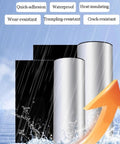 Hella Tough Self Adhesive Butyl Seal Tape With Heat Reflective Aluminum Foil Backing For Roof Leak Fix and Gutter Repair Weatherproof outdoor taping displayed with waterproof imagery.