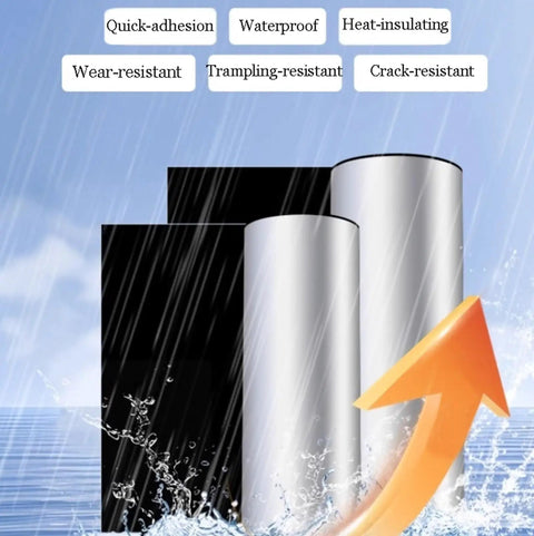 Hella Tough Self Adhesive Butyl Seal Tape With Heat Reflective Aluminum Foil Backing For Roof Leak Fix and Gutter Repair Weatherproof outdoor taping displayed with waterproof imagery.