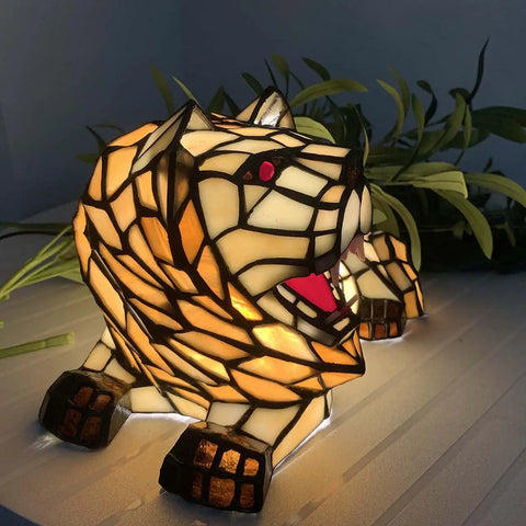 Roaring Lion Table Lamp Tiffany Style Stained Glass Accent Night Light for Kids and Nursery, 12.5 x 6.75 x 7.25 inches.