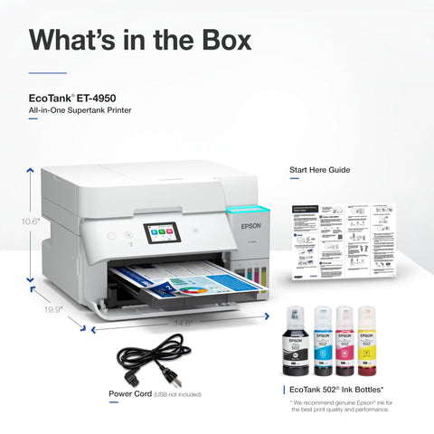 EcoTank ET-4950 Wireless All-In-One Color Supertank Printer With Refillable Ink, Up To 3 Years Ink, No Cartridge Hassle, Great For Home Office, 18 PPM, 2.4 Inch Color Touchscreen, Auto Document Feeder, White with accessories and ink bottles.