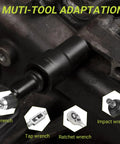 Lug Nut Extractor Set 13 Piece Wheel Lock Removal Kit For Removing Damaged Frozen Rusted Nuts And Screws in use with wrench.