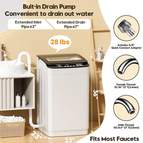 No Sweat 28 Lb Fully Automatic Portable Washing Machine with built-in drain pump, 36 inches tall for easy drainage.