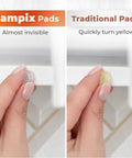 Comparison of Clear Self Adhesive Cabinet Door Bumpers 128 Pack Heavy Duty Rubber Pads, showing invisible and yellowing options.