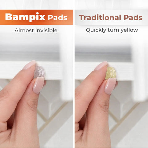Comparison of Clear Self Adhesive Cabinet Door Bumpers 128 Pack Heavy Duty Rubber Pads, showing invisible and yellowing options.