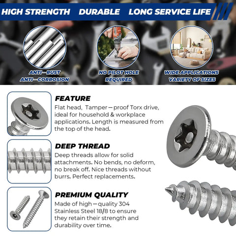 Fifty Pack M5 X 35mm Countersunk Tamper Resistant Torx Security Screws 304 Stainless Steel shown with flat head and deep thread.