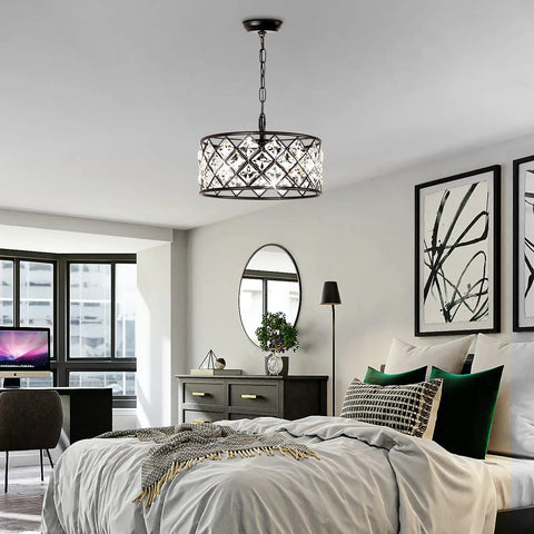 Dope Black Crystal 3 Light Chandelier For Dining Room And Living Room in modern bedroom with drum ceiling pendant and glam crystals