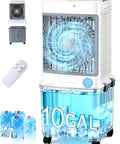 Evaporative Swamp Cooler Portable Air Conditioner With 10 Gallon Detachable Tank Windowless Design 120 Degree Oscillation Ultra Quiet Operation Remote And Timer 30 Hour Cooling For Apartment Garage And Outdoor Use.