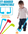 Toddler Golf Club Set With Pull Cart For Little Pros Ages One To Five Includes Super Lightweight Gear And Soft Ball For No Sweat Swinging and a child using a blue toy golf club.