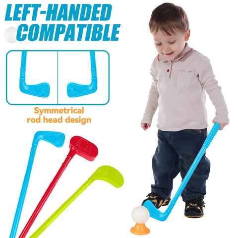 Toddler Golf Club Set With Pull Cart For Little Pros Ages One To Five Includes Super Lightweight Gear And Soft Ball For No Sweat Swinging and a child using a blue toy golf club.