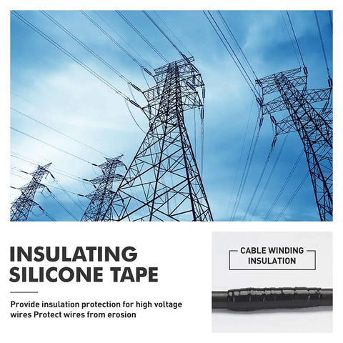 Power lines against blue sky with image of insulated cable using Self Fusing Silicone Tape 1 Inch Wide 15 Feet Long For Weatherproof Emergency Pipeline Repair Cable Bandage And Tool Fixing Black Insulation Up To 8000V High Temperature And Chemical Resistant Built Tough.