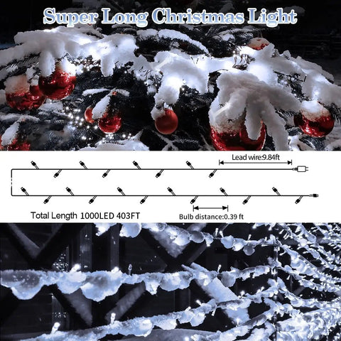 Ultra Long 403 Ft 1000 LED Outdoor Christmas Lights 8 Modes Waterproof Plug In with Timer snow-covered tree display
