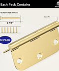 Built Tough Satin Brass Door Hinges 12 Pack 3 1/2 Inch Solid Iron rounded corners hinge with screws for easy DIY installation.