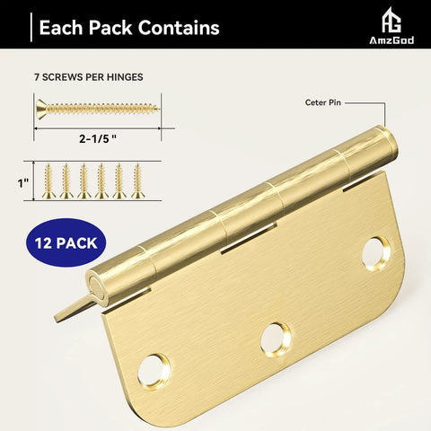 Built Tough Satin Brass Door Hinges 12 Pack 3 1/2 Inch Solid Iron rounded corners hinge with screws for easy DIY installation.